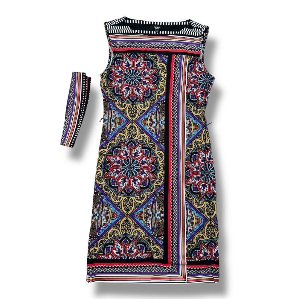 Premise Mosaic Print Sheath Dress Multi Print Belted Sleeveless Red Multi Small - Picture 12 of 12